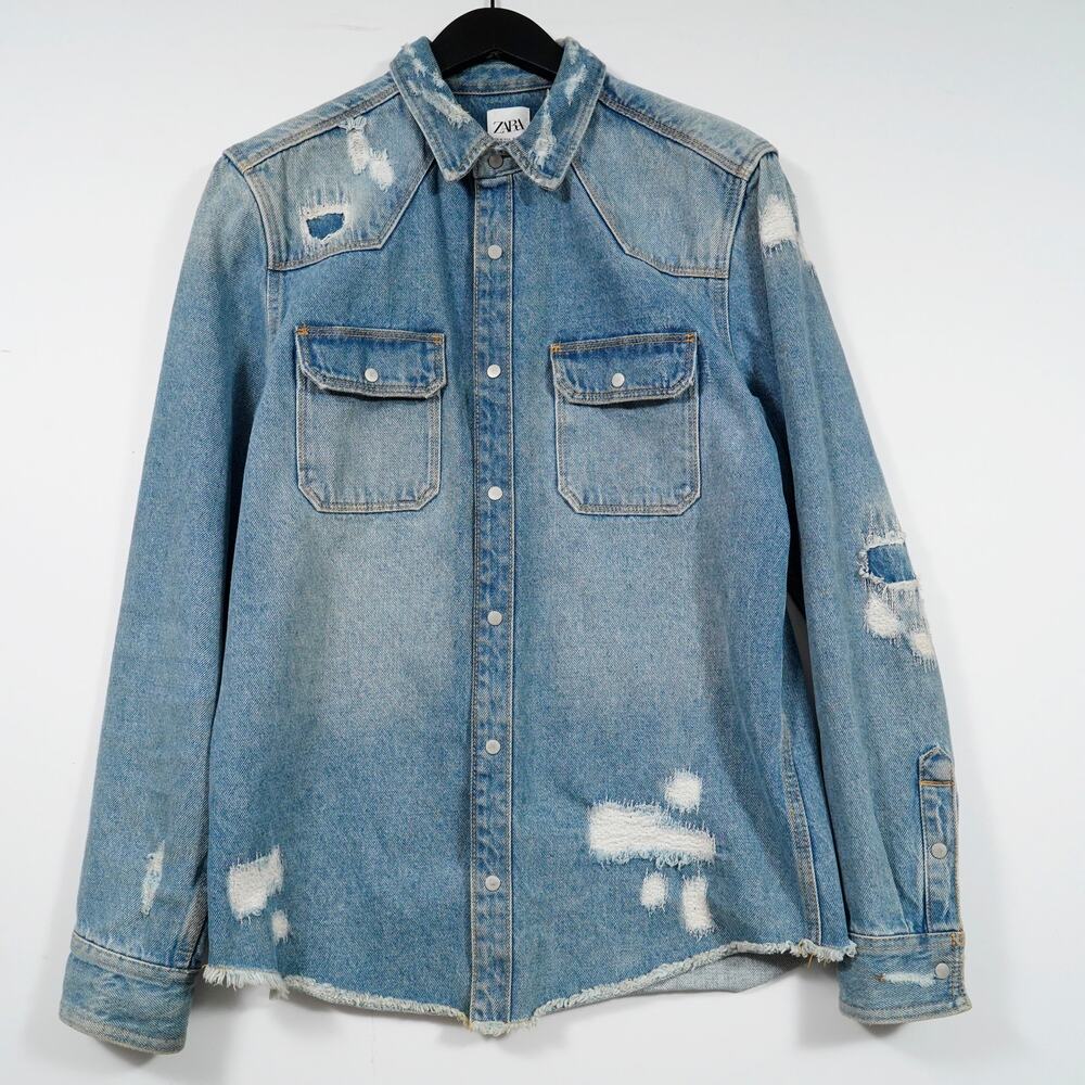 Zara Distressed Denim Overshirt Jacket Faded Blue Intentional Repair Men’s M